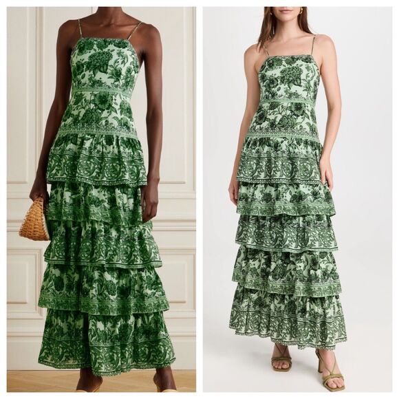 ALICE + Olivia Valencia Floral Sage Green Tiered Spaghetti Strap Maxi Dress Sz 0 - Picture 1 of 10